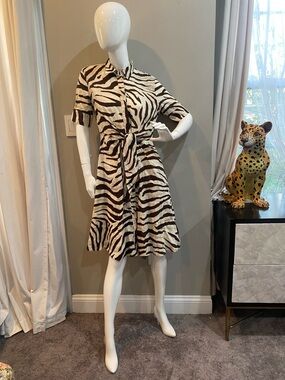 Ralph Lauren Zebra-Print Linen Tie-Waist Midi Dress in Cream Brown Tan 2